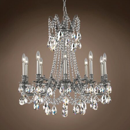 Traditional Versailles 10 Light 28" Crystal Chandelier, Pewter Frame with Clear Swarovski Tear Drop Crystals, Hanging Ceiling Light